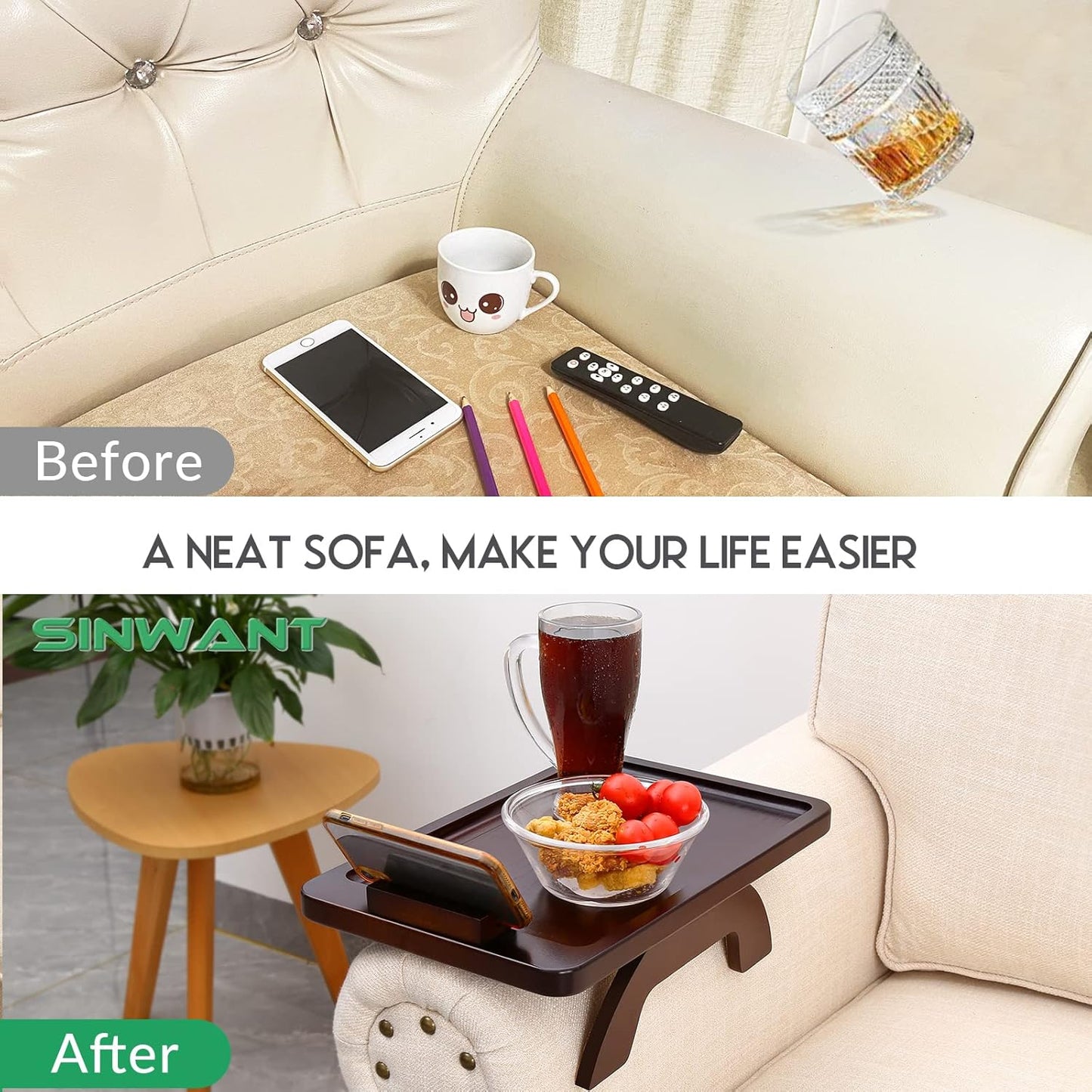 Carpentray Luxury Couch Arm Tray, Sofa Arm Tray with 360° Rotating Phone Holder,Couch Arm Table,Sofa Armrest Tray