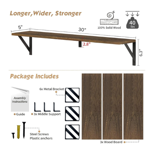 carpentray 30 inch long wooden floating book shelves for wall set of 3,