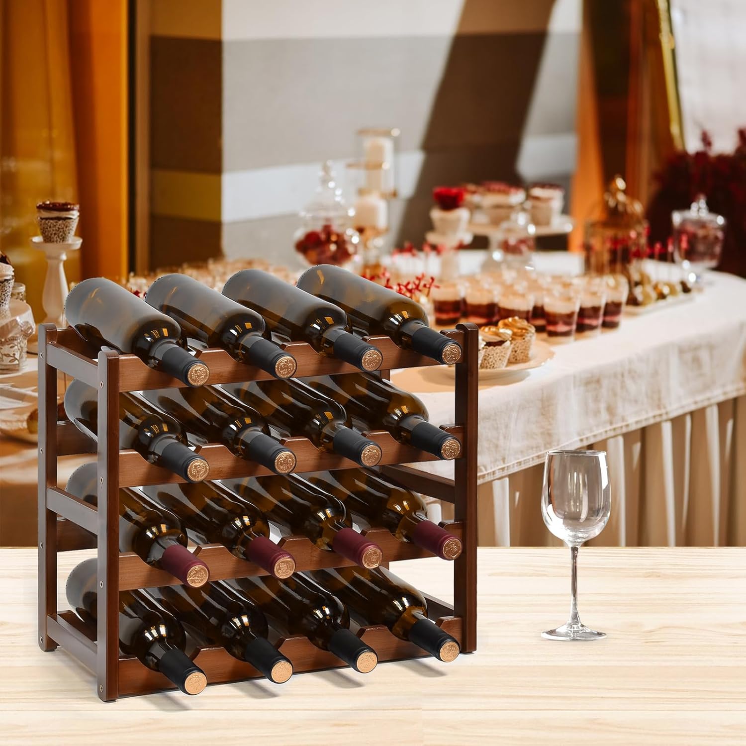 Carpentray Wooden Wine Rack, Tier Free Standing 16 Bottles Wines Storage