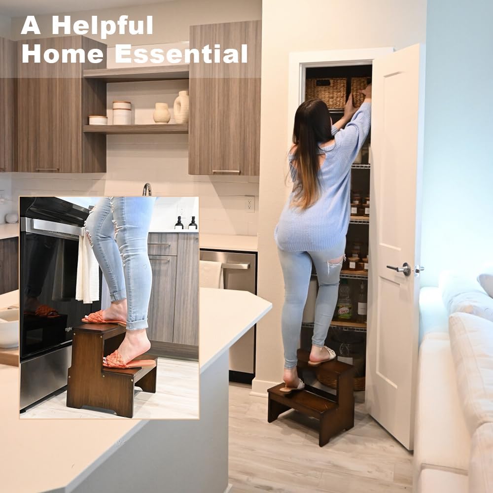 Carpentray Two Step Stool for Adults and Kids, Bed Stepstool with Anti-Slip Bottom, Heavy Duty for Kitchen, Bathroom, Bedside Step Stool, Wooden Step Stairs 350 lbs Capacity