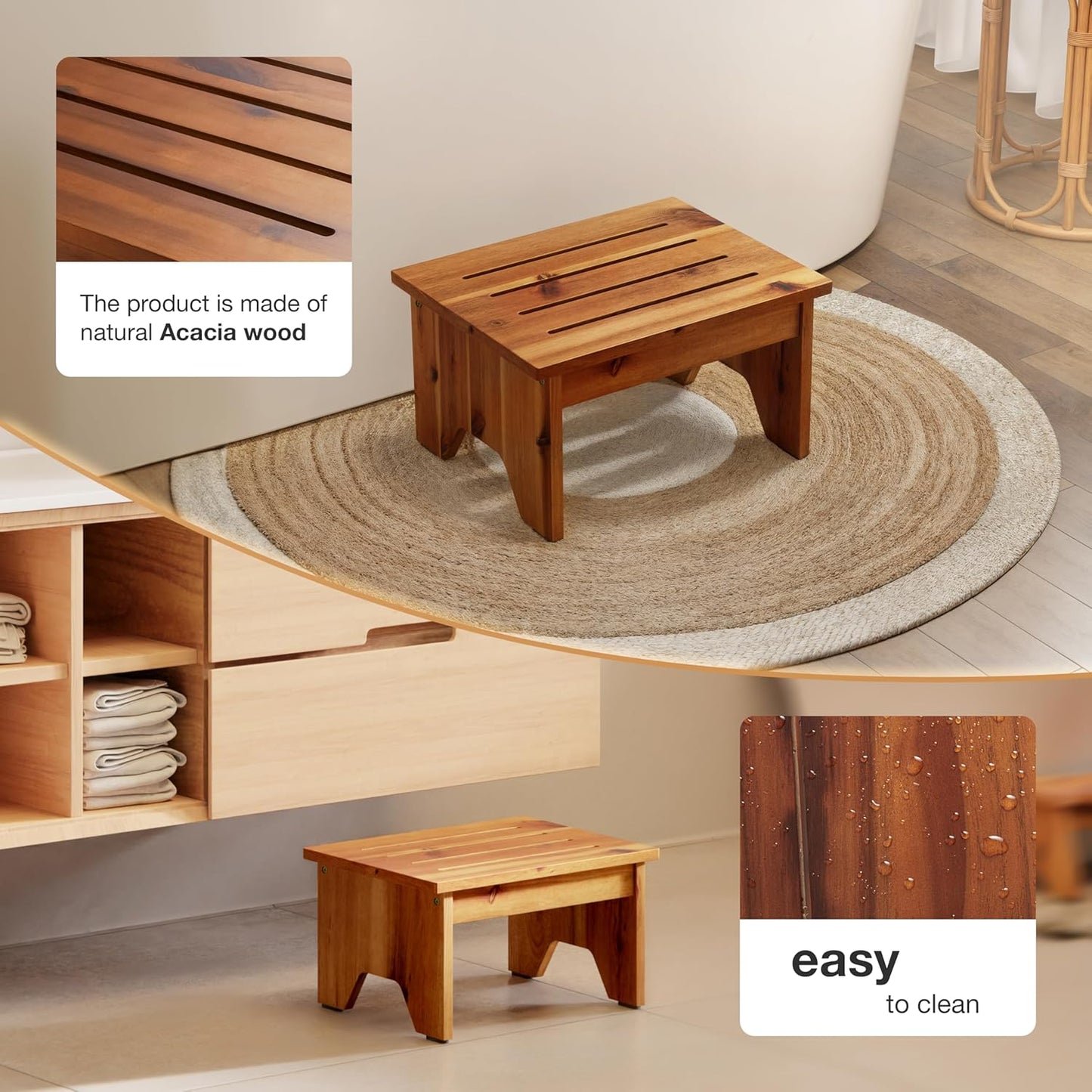 Carpentray 9'' Wooden Step Stool, Thickened Acacia Wood One Step Stool