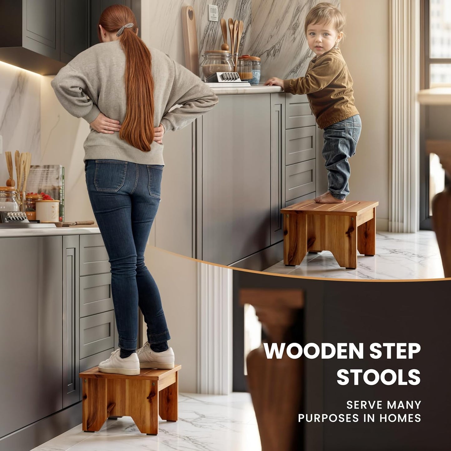 Carpentray 9'' Wooden Step Stool, Thickened Acacia Wood One Step Stool