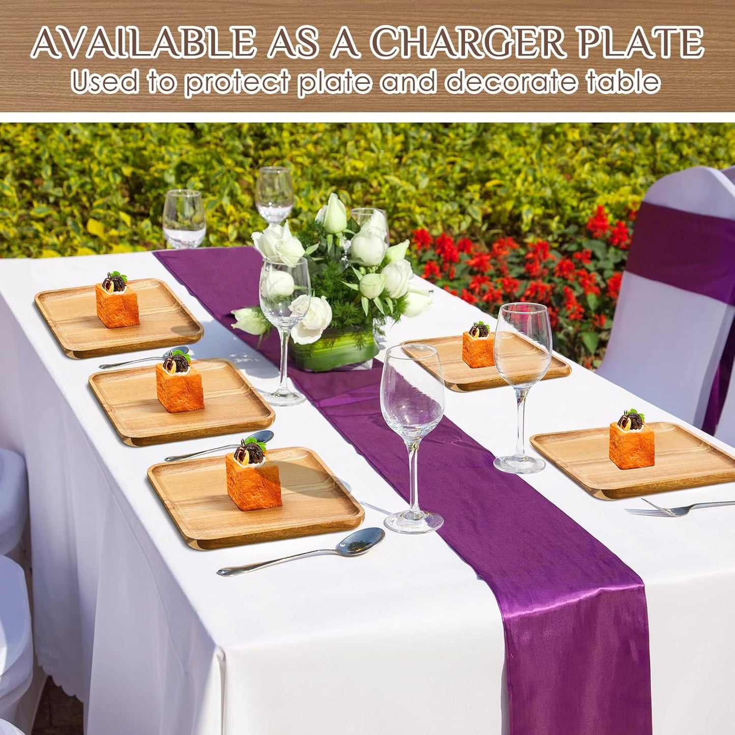 Carpentray 6 Pcs Acacia Wood Square Plates 10" Wooden Plates Serving Plates