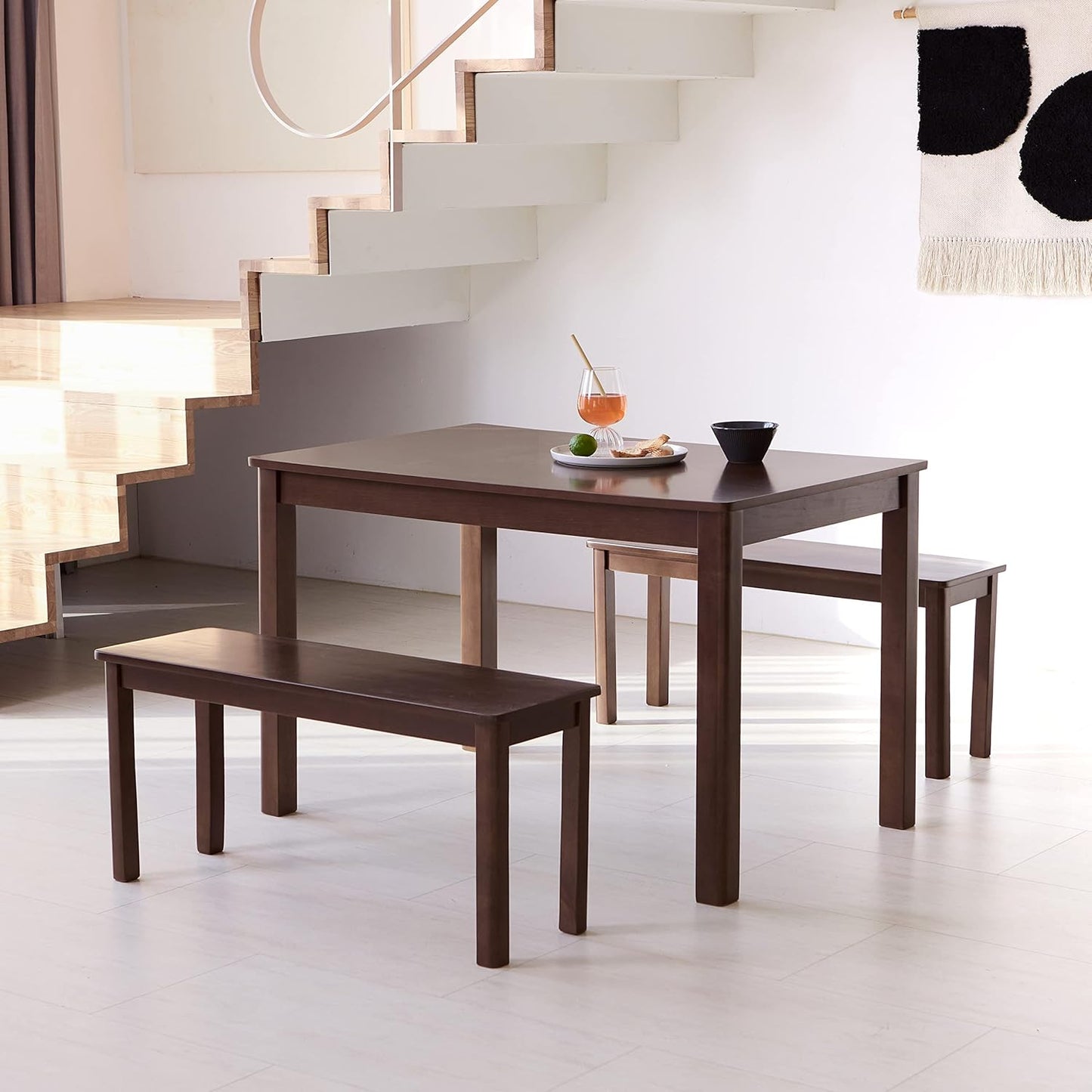 Carpentray 37.4" Wooden Dining Bench/Small Modern Farmhouse Malaysian Oak Wood Bench (Walnut)