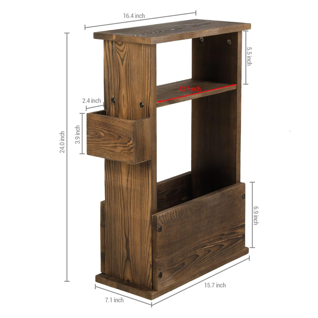 Carpentray 24 Inch Tall Rustic Burnt Wood End Table with Remote Control Holder, Storage Shelf, and Magazine Rack