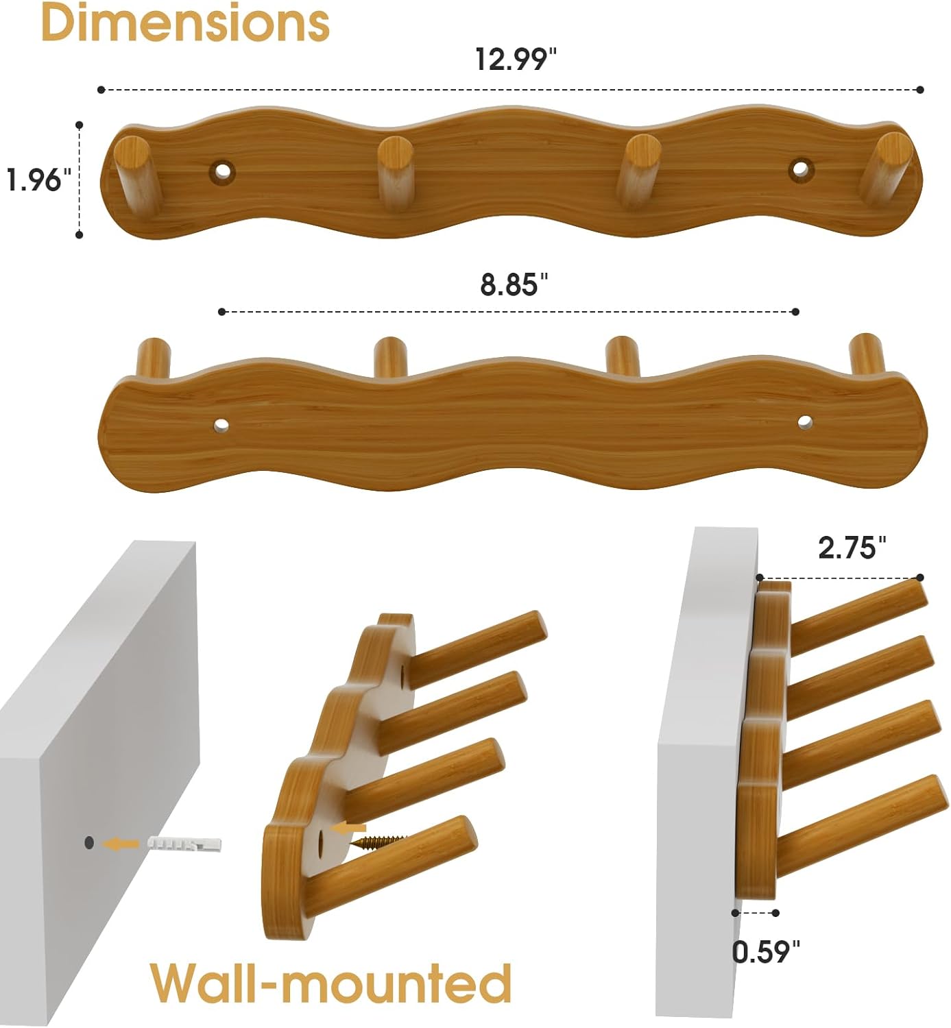 Carpentray Coat Hooks, 2 Packs Entryway Hat Rack for Wall, Bamboo Coat Hanger Key Holder, Space Saving Organizer, 14 Inch