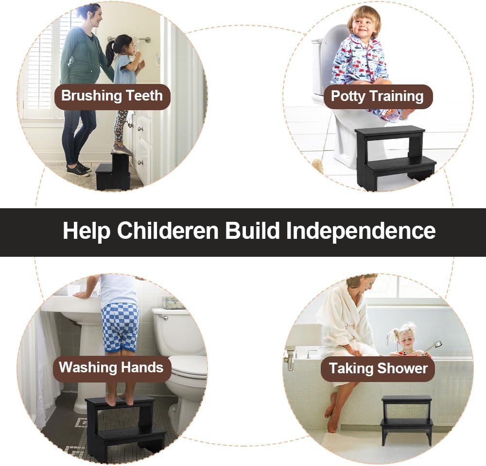 Carpentray Two Step Stool for Adults and Kids, Bed Stepstool with Anti-Slip Bottom, Heavy Duty for Kitchen, Bathroom, Bedside Step Stool, Wooden Step Stairs 350 lbs Capacity