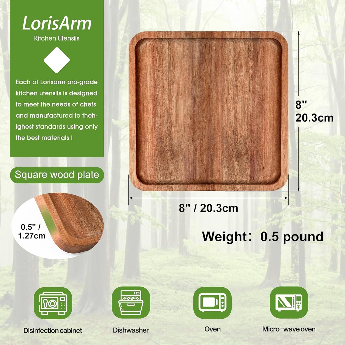 Carpentray 8" Acacia Wood Plate, Square Wooden Trays Serving Platter Dinner Server Tray Dessert Cookie Snack Fruit Serving Board.