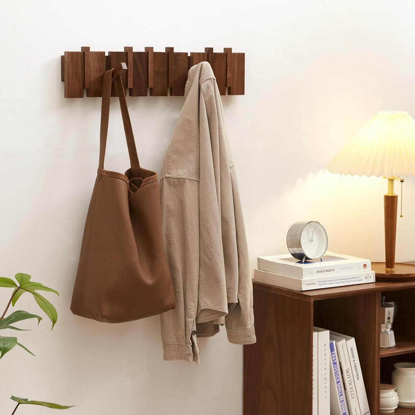 Carpentray Wood Coat Rack Wall Mount, Coat Hooks Hanger Wall Mounted, Heavy Duty Wall Coat Rack with 6 Hooks for Hanging Coats/Keys/Hats/Robe&Towels/Plants/Bags, Walnut
