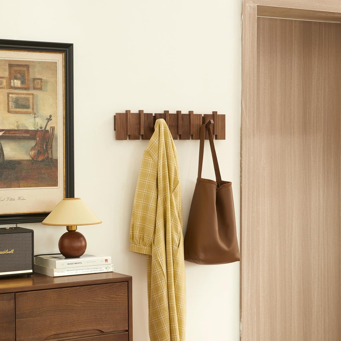 Carpentray Wood Coat Rack Wall Mount, Coat Hooks Hanger Wall Mounted, Heavy Duty Wall Coat Rack with 6 Hooks for Hanging Coats/Keys/Hats/Robe&Towels/Plants/Bags, Walnut