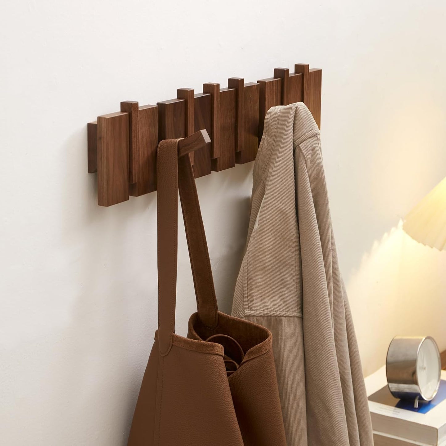 Carpentray Wood Coat Rack Wall Mount, Coat Hooks Hanger Wall Mounted, Heavy Duty Wall Coat Rack with 6 Hooks for Hanging Coats/Keys/Hats/Robe&Towels/Plants/Bags, Walnut