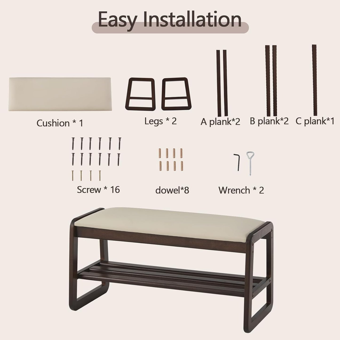 Carpentray Shoe Rack Entryway Shoe Storage Bench, End of Bed Bench with 2 Tier, 31.5'' Wooden Storage Ottoman Bench with Cushion for Living Room, Bedroom, Hallway (Beige)