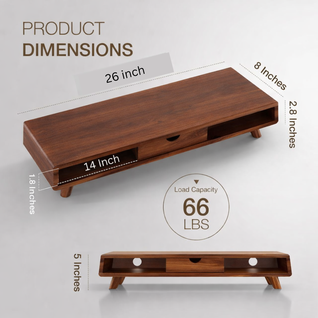 carpentray 66cm Long Premium Walnut Sheesham Wood Monitor Stand with Drawer - Wooden Monitor Riser for Desk