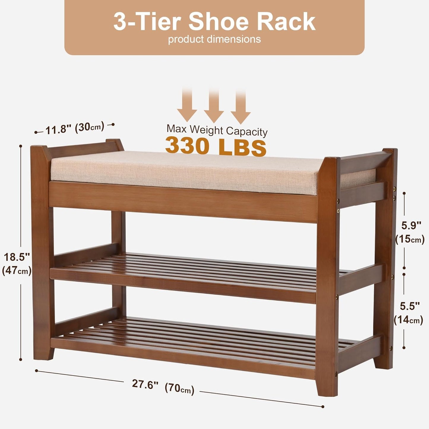 Carpentray Shoe Rack Bench with Cushion, Entryway Bench