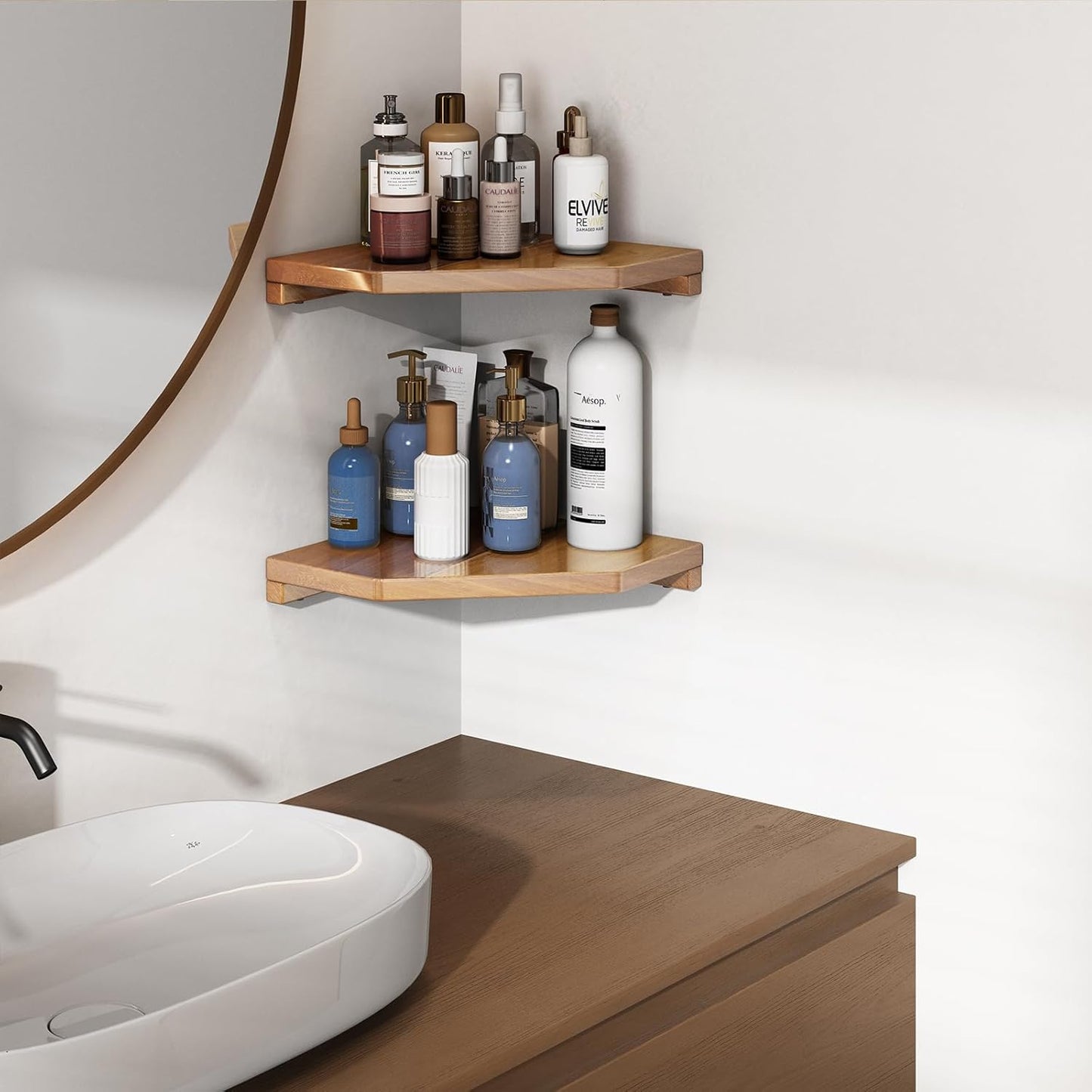 Carpentray 2 Pcs Floating Corner Shelves for Bathroom Natual Teak