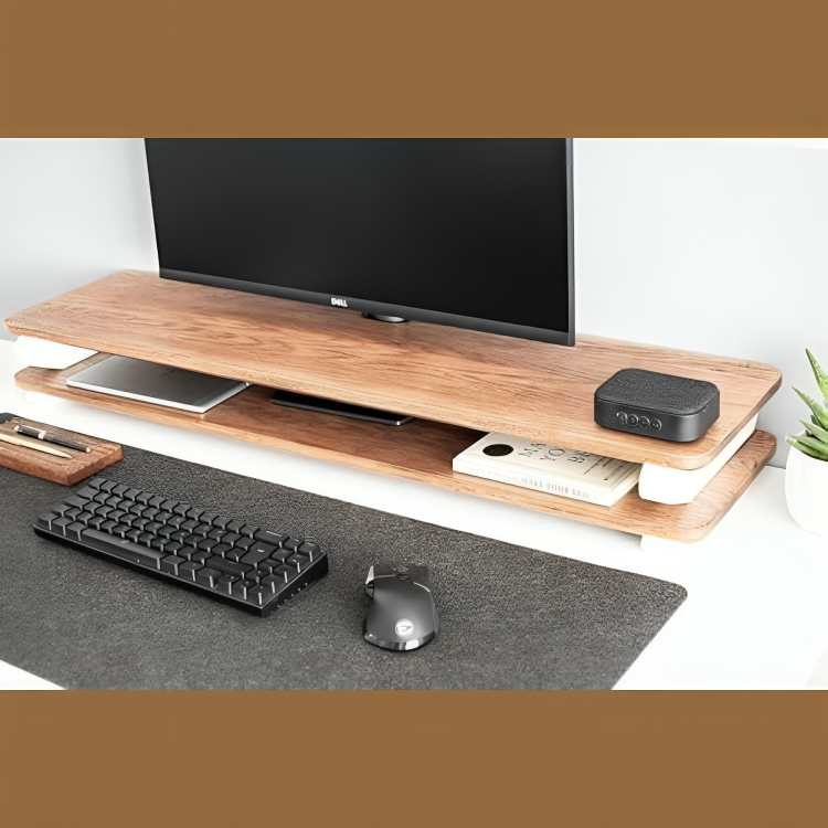 Carpentray 120cm Long Dual Shelf Solid Sheesham Wooden Monitor Riser White Wooden Legs