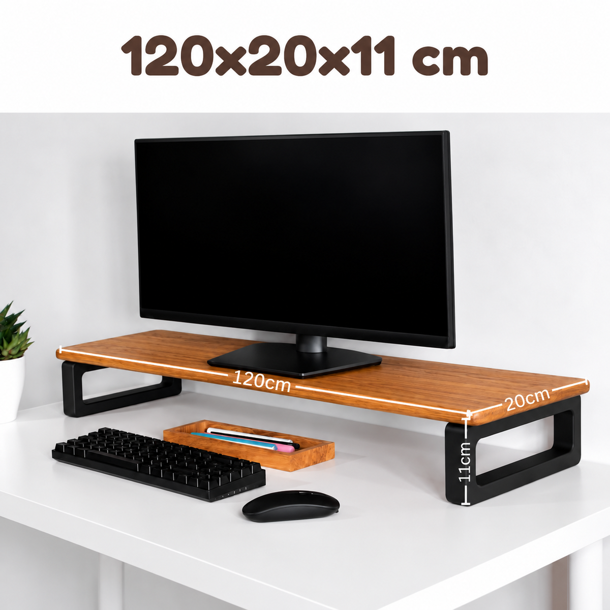 Carpentray 120cm Long Wooden Monitor Stand Riser with Underneath Keyboard Storage, Desktop Organizer for Computer and Laptop, Home Office and Study Desk (D-Teak + Black, 120cm Long)