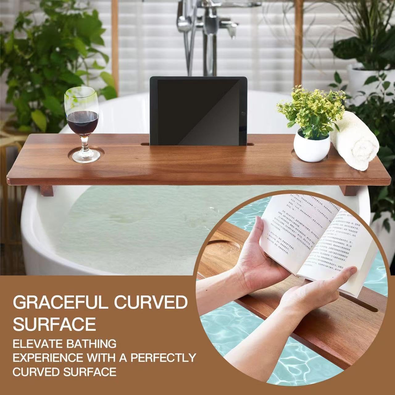 Carpentray Luxe Premium Acacia Wood Bathtub Tray Caddy with Adjustable Legs, 35x9 Inch Large Wooden Bath Tub Board, Anti-Tipping Bath Shelf Over Tub, Bathtub Accessorie