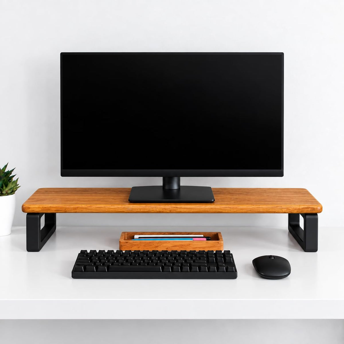 Carpentray 100cm Long Wooden Monitor Stand Riser with Underneath Keyboard Storage, Desktop Organizer for Computer and Laptop, Home Office and Study Desk (D-Teak + Black, 100cm Long)