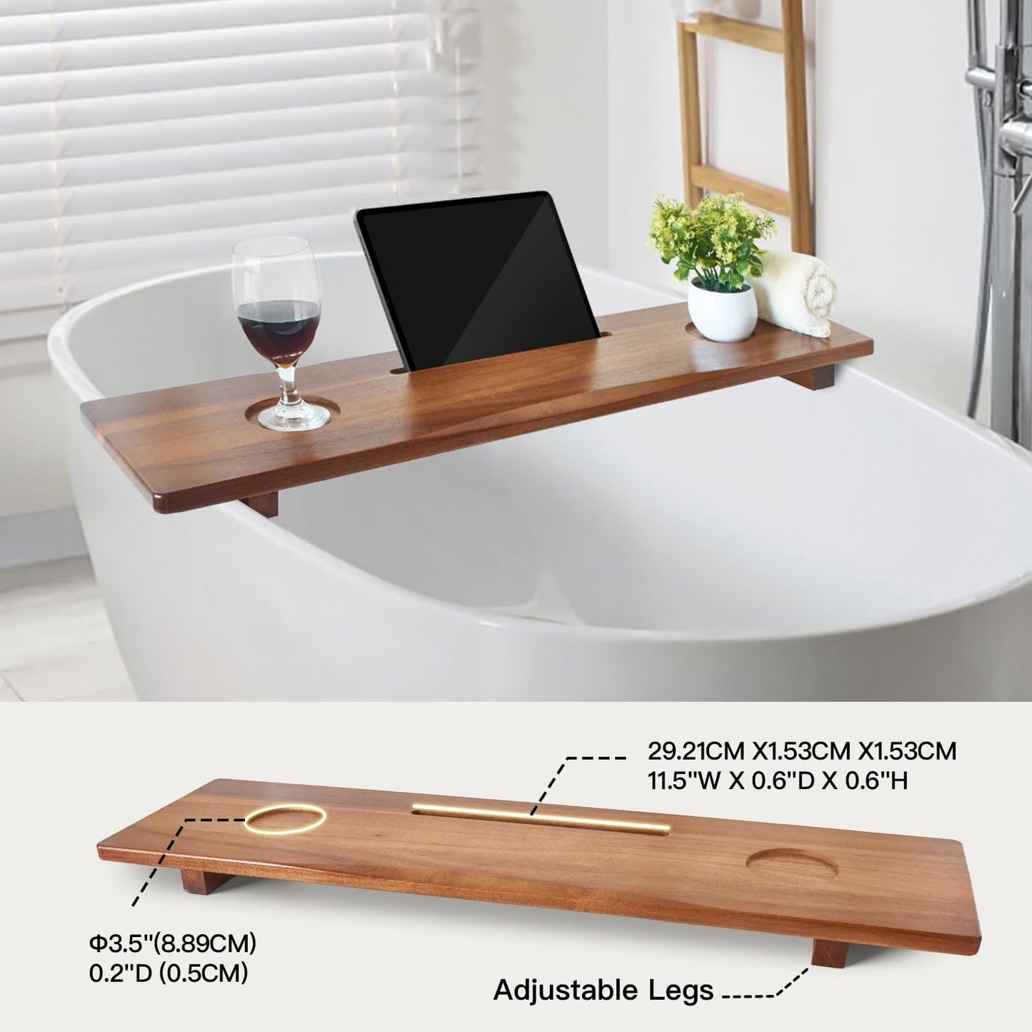 Carpentray Luxe Premium Acacia Wood Bathtub Tray Caddy with Adjustable Legs, 35x9 Inch Large Wooden Bath Tub Board, Anti-Tipping Bath Shelf Over Tub, Bathtub Accessorie