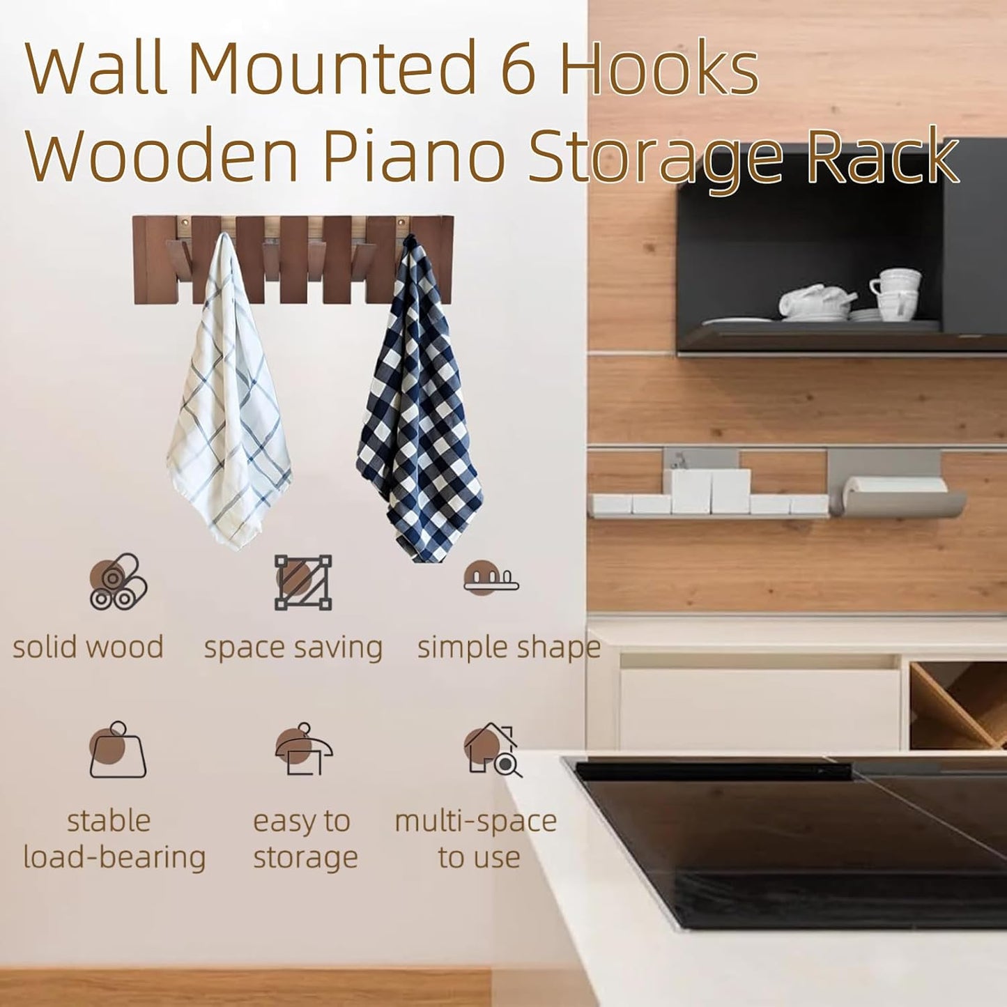 Wooden Coat Hooks with 6 Hooks, Wall Mounted Coat Rack Hanger, Heavy Duty Flip Down Wall Hook Rack for Hanging Coats Keys Hats Robe Towels Plants Bags