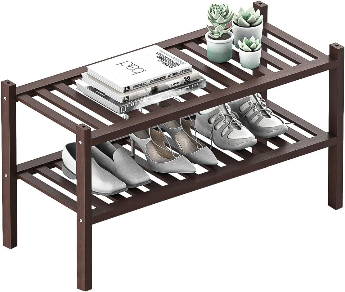 Carpentray Shoe Rack 2-Tier Organizer-Stackable Storage Shelf with Multi-Function Combinations-Free Standing Bamboo Shoe Racks for Closet,Entryway,Hallway,Bathroom,Living Room Shoe Organization (Brown,2-Tier)