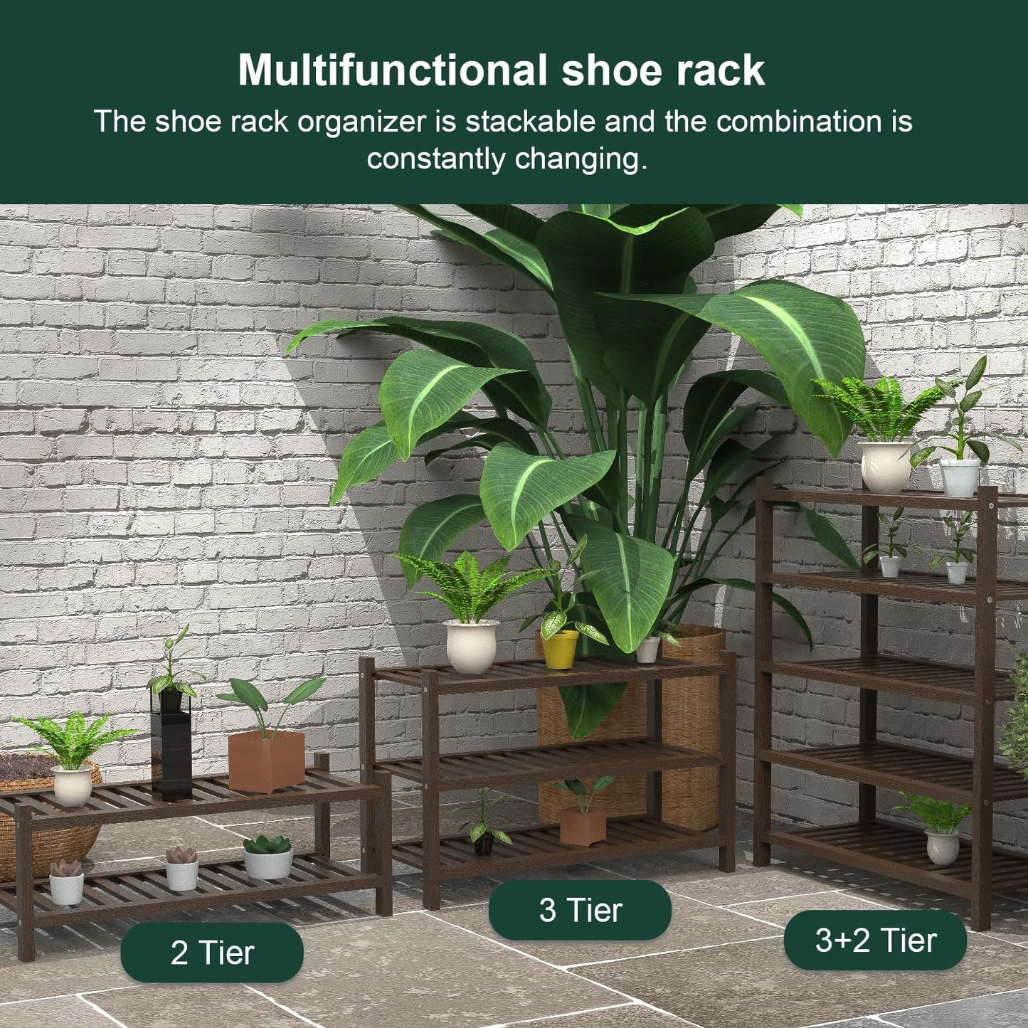 Carpentray Shoe Rack 2-Tier Organizer-Stackable Storage Shelf with Multi-Function Combinations-Free Standing Bamboo Shoe Racks for Closet,Entryway,Hallway,Bathroom,Living Room Shoe Organization (Brown,2-Tier)