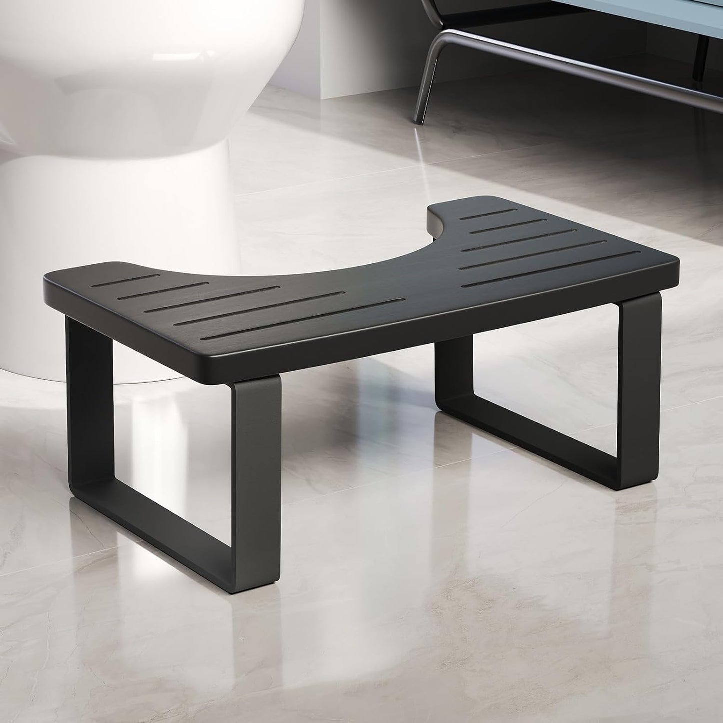 Carpentray Squatting Potty for Adults, 7in Wooden Poop Stool Adult, Matte Black Bamboo Toilet Stool Squat Adult, Wood Pooping Stool for Bathroom, Toilet Foot Stool for Kids with Non-Slip Mat