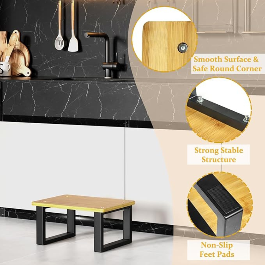 Carpentray One Step Stool For Bathroom Convertible Wood Shower Stool For Bed Kitchen (Black)