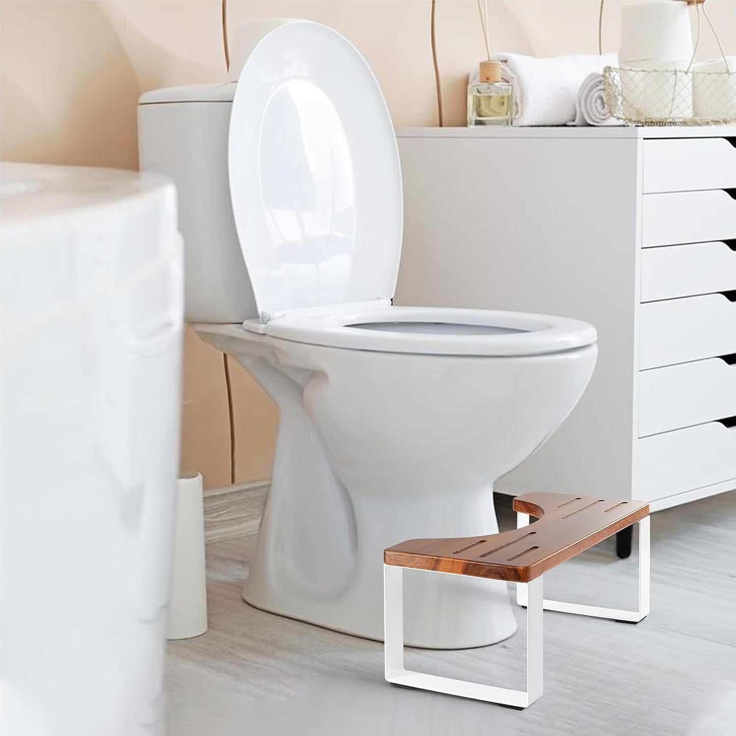 Carpentray Poop Stool, Acacia Wood Toilet Stool with Strong Steel Frame for Potty Training, 7 Inch Bathroom Stool, Durable/Sturdy Stool for Adults with Non-Slip