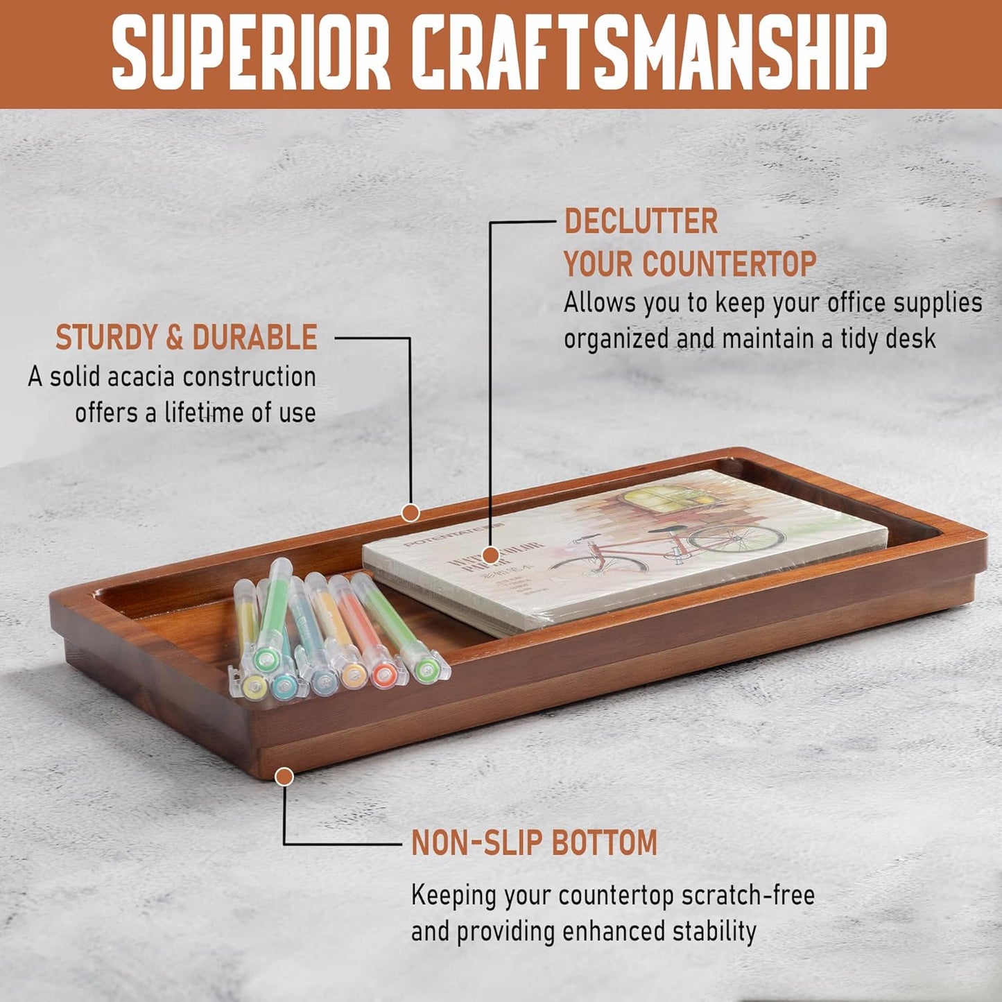 Carpentray Wood Valet Tray & Catchall (11.9x6x1 inch) - Wooden Desk Organizer for Office Supplies