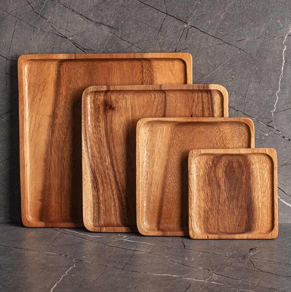 Carpentray Luxury Square Acacia Wood Nesting Plates/Trays/Charger (Set of 4)