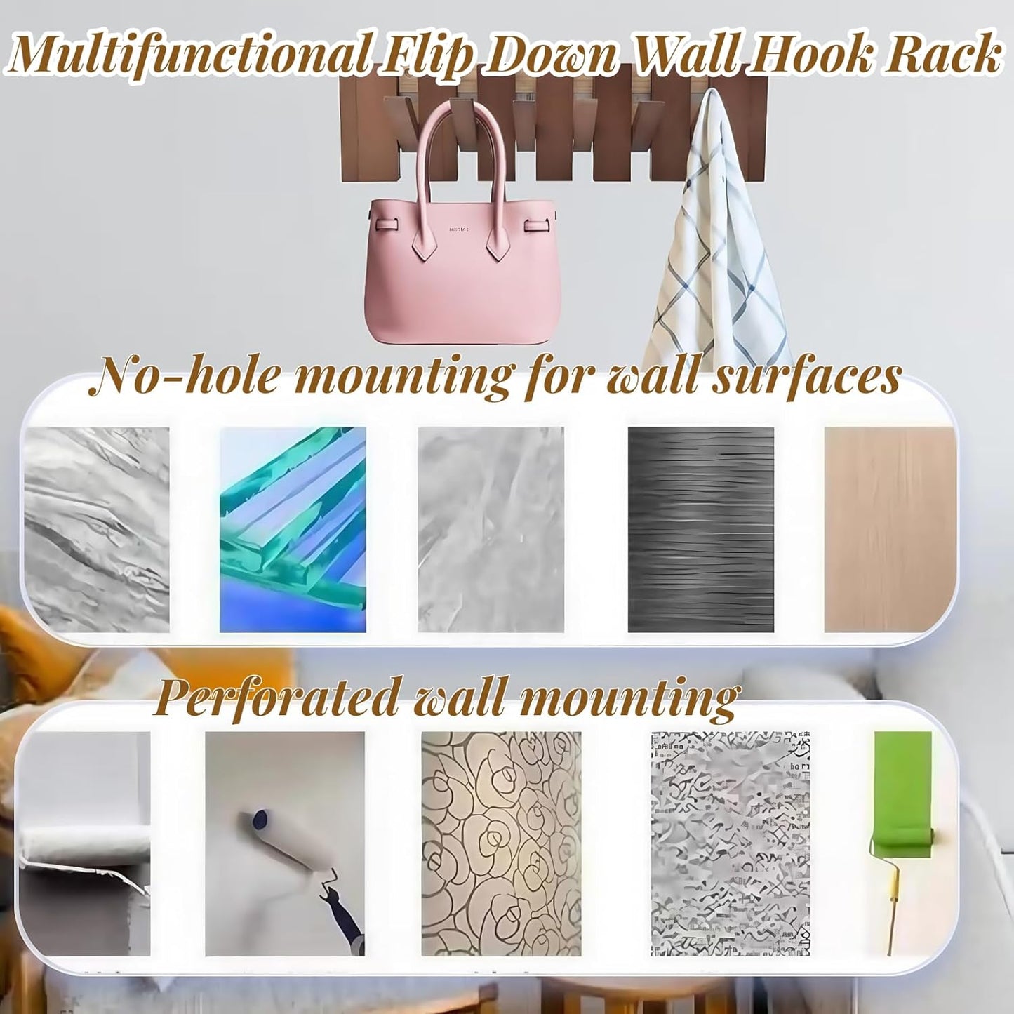 Wooden Coat Hooks with 6 Hooks, Wall Mounted Coat Rack Hanger, Heavy Duty Flip Down Wall Hook Rack for Hanging Coats Keys Hats Robe Towels Plants Bags