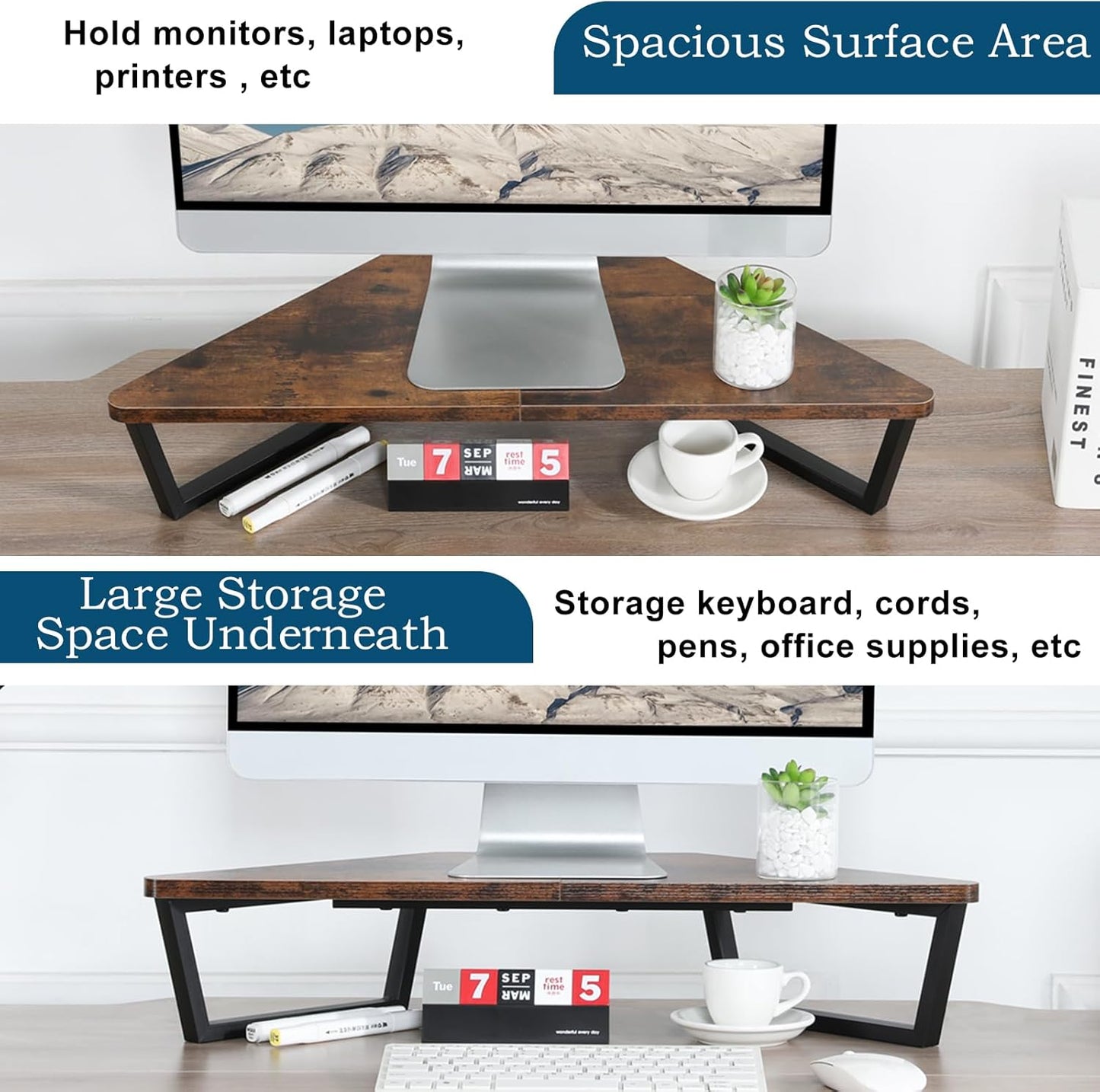 Carpentray 26 inch Triangle Monitor Stand Riser, Desktop Corner Shelf with Leg Wood Computer Stand with Storage Laptop Riser Office Organization