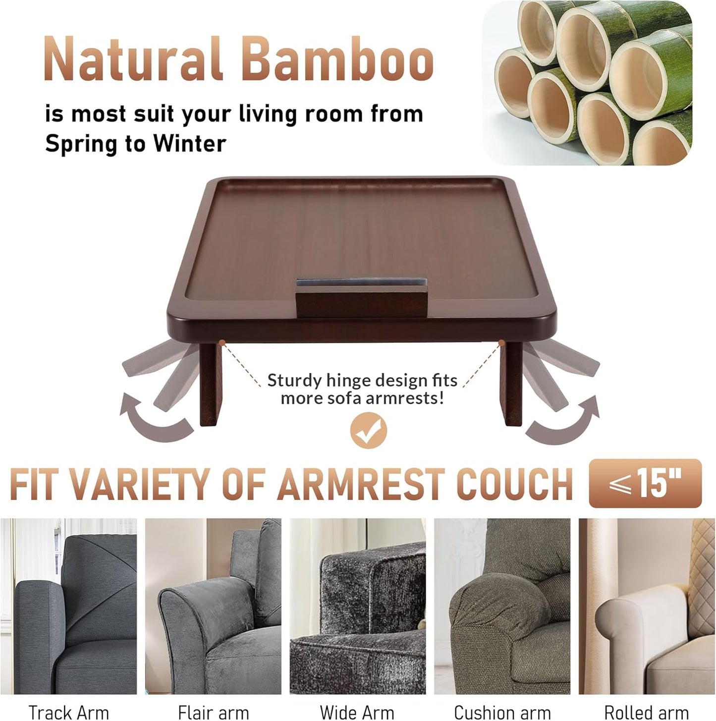Carpentray Luxury Couch Arm Table Tray, Bamboo Sofa Arm Clip on Tray Table, Large Sofa Armrest Tray with 360° Phone Holder,Portable Side Tables for Remote Snack