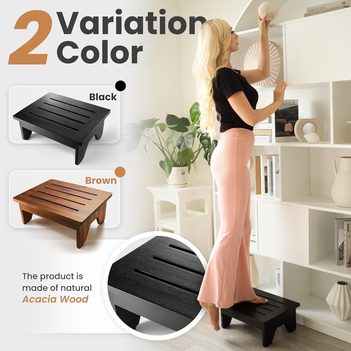 Carpentray 6.5" Wooden Step Stool for Adults (No Assemble Required)- 500 Lbs One Step Stools for High Bed Riser - Small Stepping Stool for Elderly, Seniors, Kid/Bathroom, Bed, Kitchen (Black)