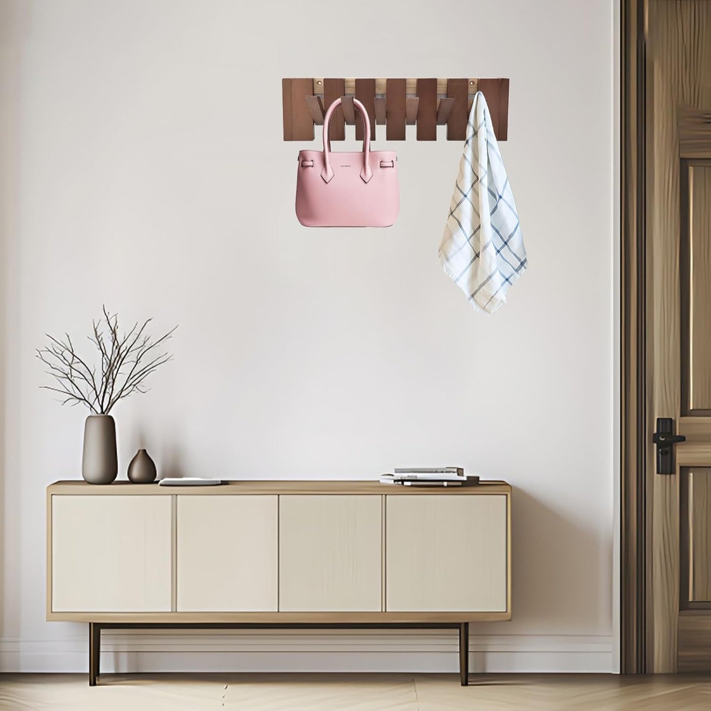 Wooden Coat Hooks with 6 Hooks, Wall Mounted Coat Rack Hanger, Heavy Duty Flip Down Wall Hook Rack for Hanging Coats Keys Hats Robe Towels Plants Bags