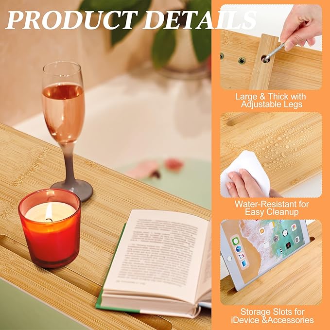 Carpentray Bathtub Tray Mango Wood Bath Tray Large Bath Tub Tray Table Bathtub Tray Caddy Bathtub Accessories Anti Tipping for Bathtub Bathroom Spa
