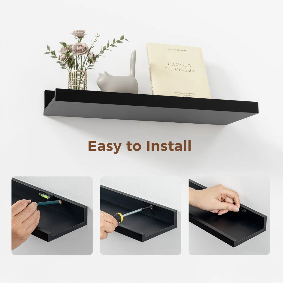 Carpentray 16 Inch Woden Wall Shelf Set of 3 (Black)