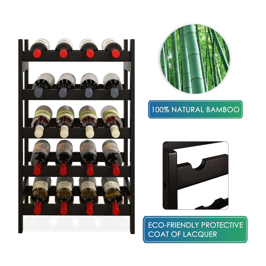 Carpentray Wooden Wine Rack, 20 Bottles Display Holder, 5-Tier Free Standing Storage
