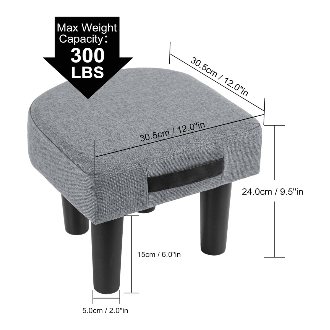 Carpentray Ottoman Footstool with Handle, D-Shaped Linen Footrest, Small Shoe Seat Step Stool, Soft Sponge Foot Stool for Living Room, Bedroom, Couch, Entryway (Grey)