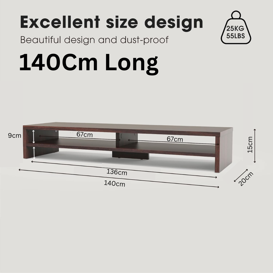 Carpentray 140Cm Dual Shelf Wooden Monitor Riser