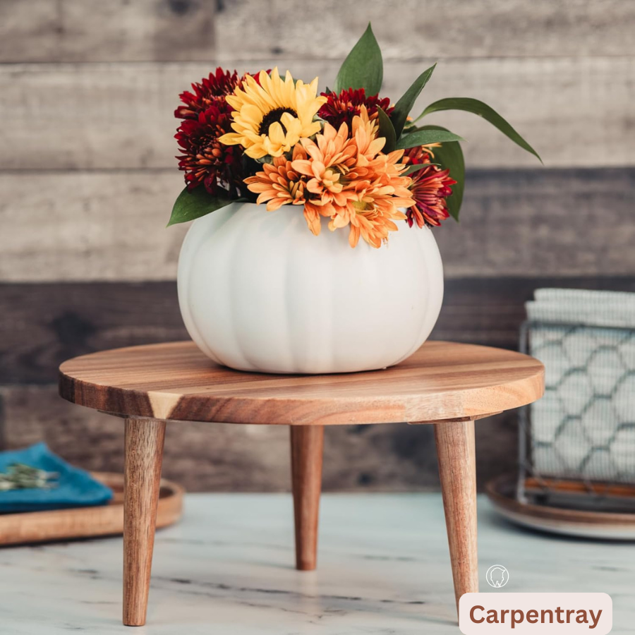 Carpentray Wooden Round Footed Serving Board - Pedestal Riser Cake Stand with Removable Legs - Charcuterie Tray Cheese Bread Fruit Vegetable Platters - Plant Holder Set 12 X 6 inches