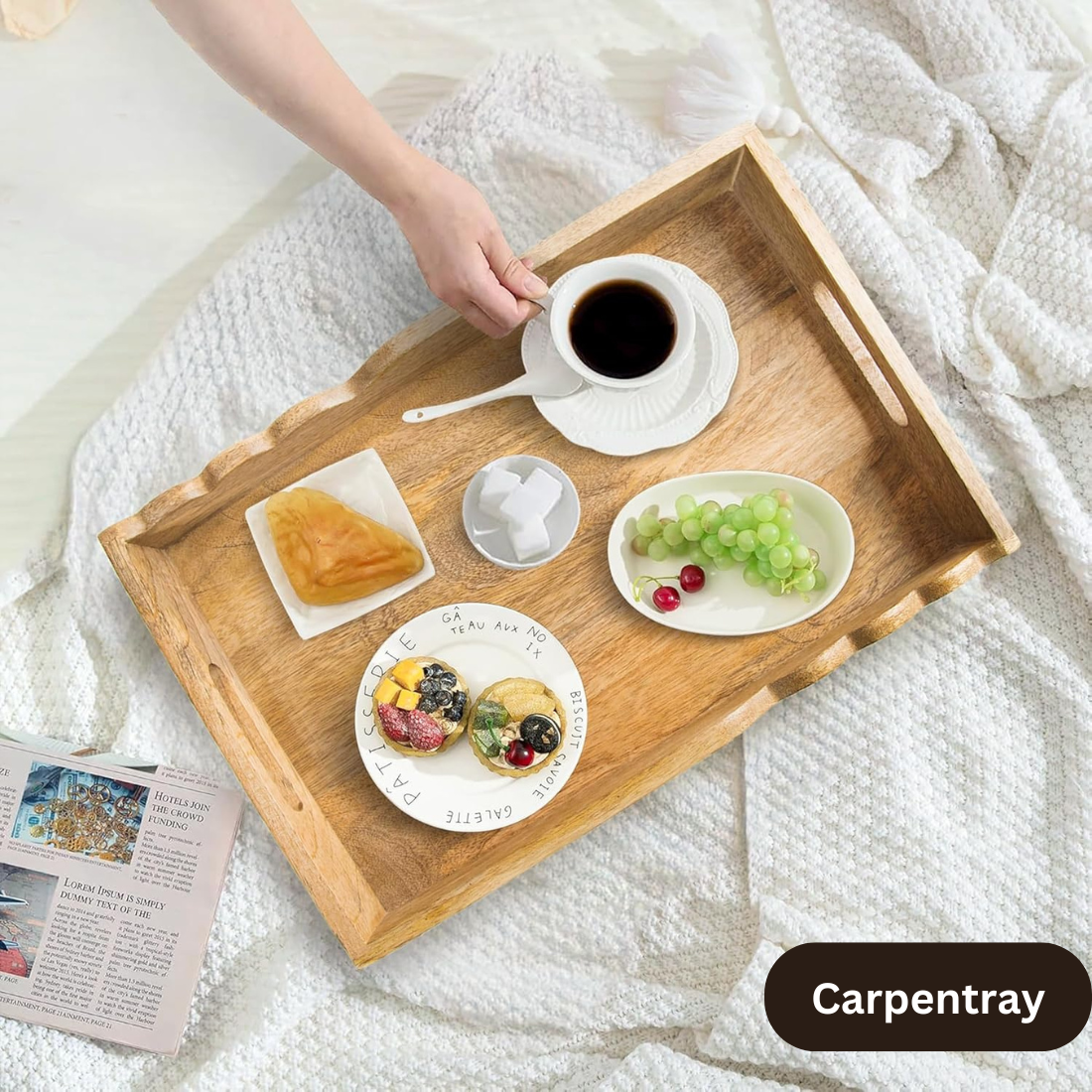 Carpentray Serving Tray with Elegant Scalloped Edges, Natural | 15" x 10" x 1.75"