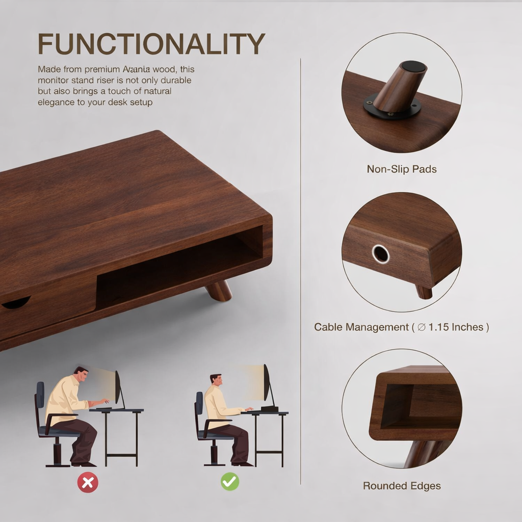 carpentray 80cm Long Premium Walnut Sheesham Wood Monitor Stand with Drawer - Wooden Monitor Riser for Desk