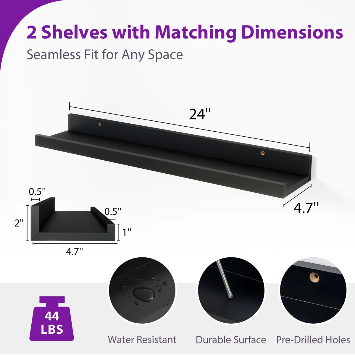 Carpentray 24 inch Long Set of 2 Wooden Wall Shelf (Black)
