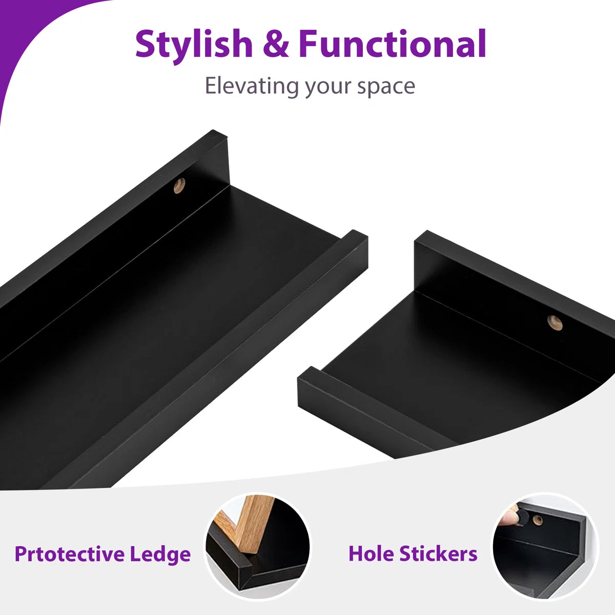 Carpentray 24 inch Long Set of 2 Wooden Wall Shelf (Black)