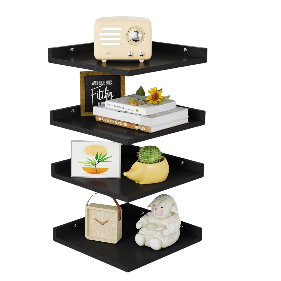 Carpentray Wooden Corner Square Floating Shelves Set of 4 (Black)