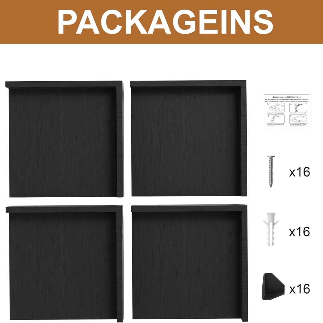 Carpentray Wooden Corner Square Floating Shelves Set of 4 (Black)