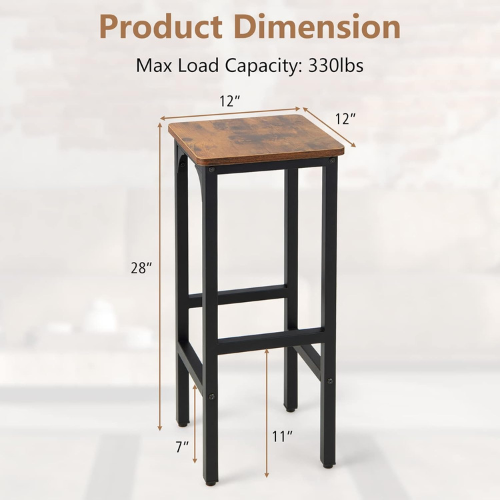 Carpentray Industrial Bar Stools Set of 1, 28-inch Counter Height Bar Chairs with Footrest, Adjustable Feet, Wood Frame, Backless Counter Height Barstools for Kitchen Island Dining Room, Rustic Brown
